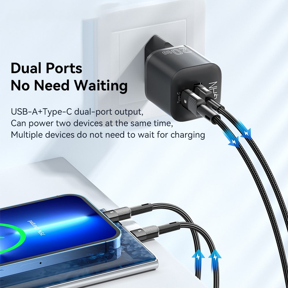 ESSAGER Curved Design 20W USB-A + Type-C GaN Wall Charger Phone Fast Charging Adapter