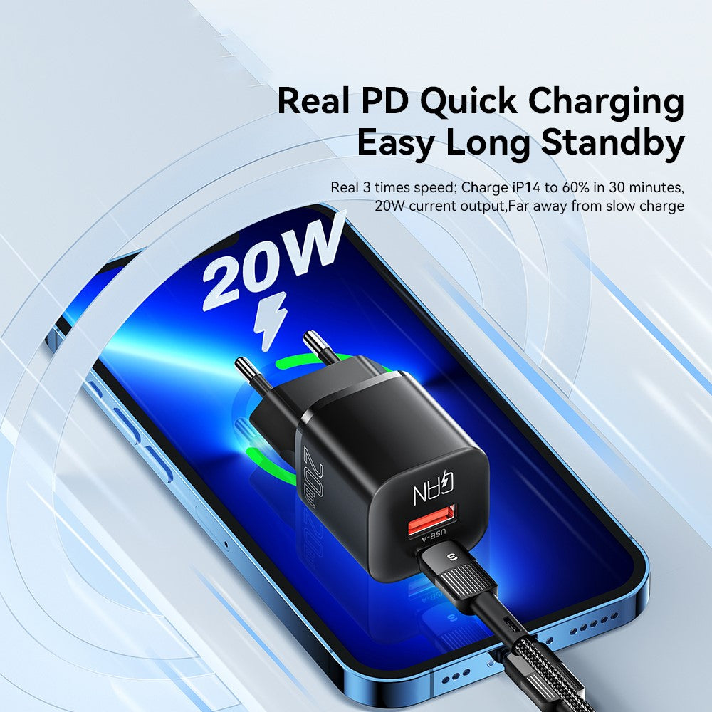 ESSAGER Curved Design 20W USB-A + Type-C GaN Wall Charger Phone Fast Charging Adapter