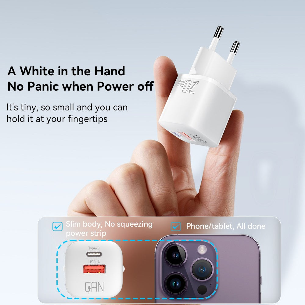 ESSAGER Curved Design 20W USB-A + Type-C GaN Wall Charger Phone Fast Charging Adapter