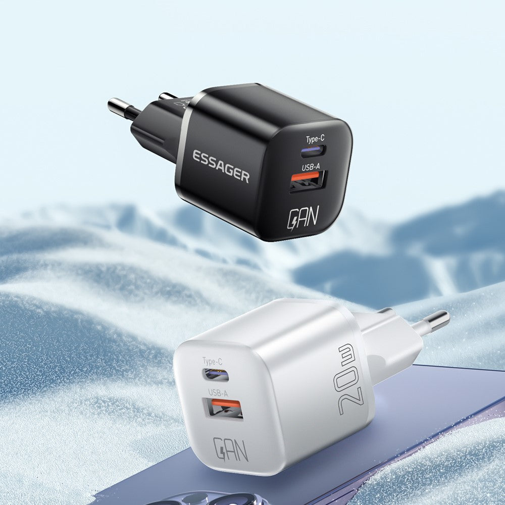 ESSAGER Curved Design 20W USB-A + Type-C GaN Wall Charger Phone Fast Charging Adapter
