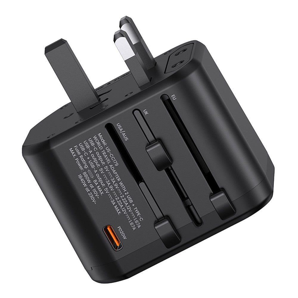 USAMS US-CC179 T59 Dual USB + Type-C PD 20W Fast Charging PC Power Adapter Global Travel Socket Converter