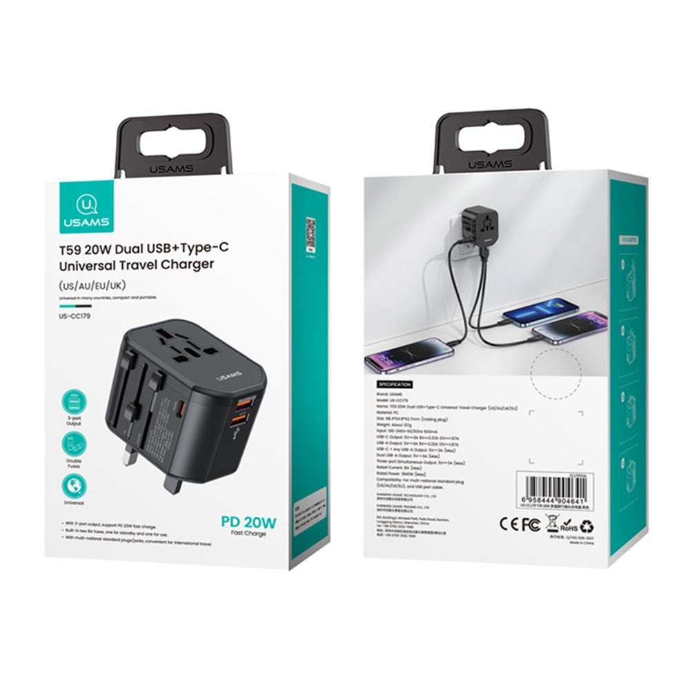 USAMS US-CC179 T59 Dual USB + Type-C PD 20W Fast Charging PC Power Adapter Global Travel Socket Converter