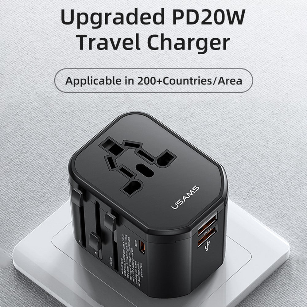 USAMS US-CC179 T59 Dual USB + Type-C PD 20W Fast Charging PC Power Adapter Global Travel Socket Converter