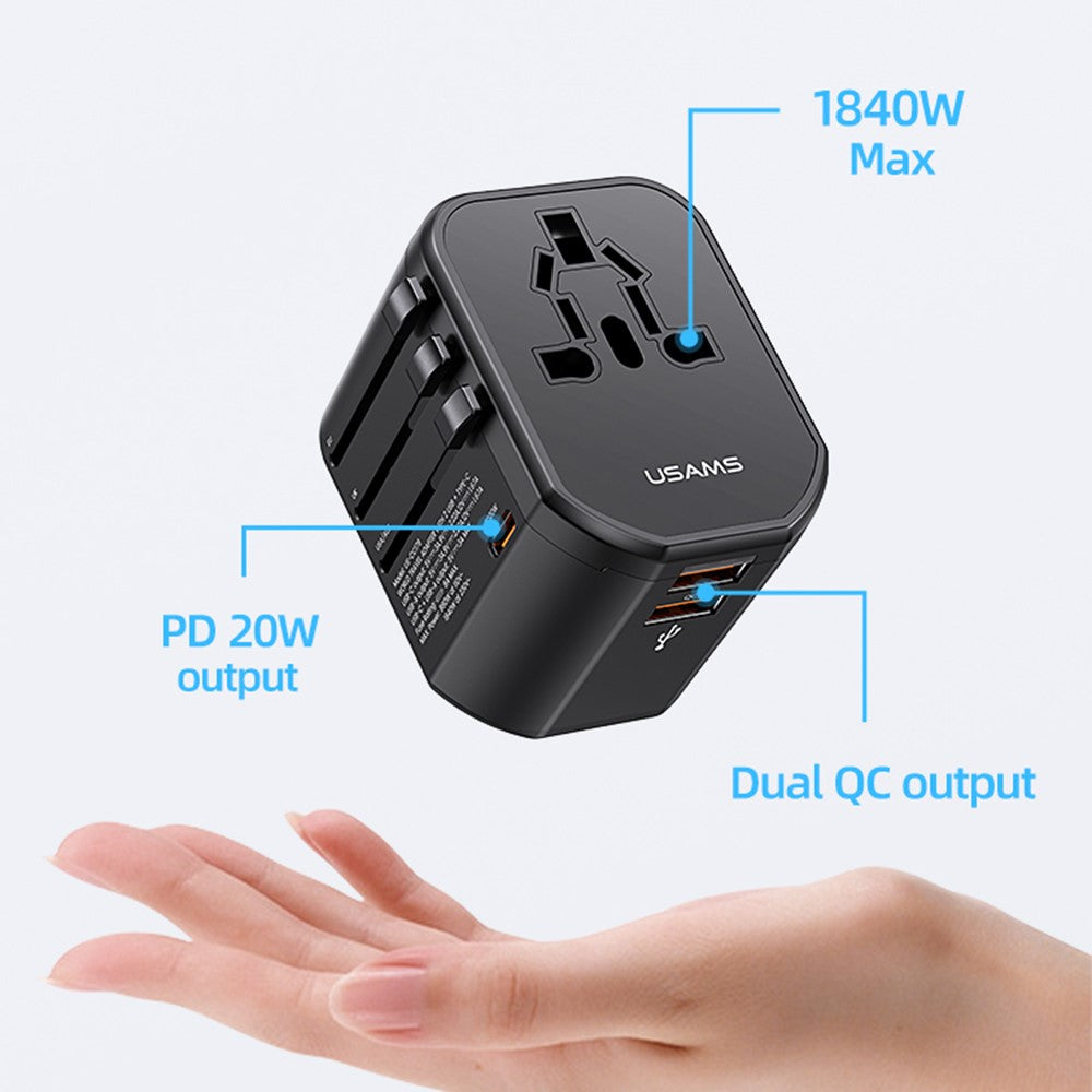 USAMS US-CC179 T59 Dual USB + Type-C PD 20W Fast Charging PC Power Adapter Global Travel Socket Converter