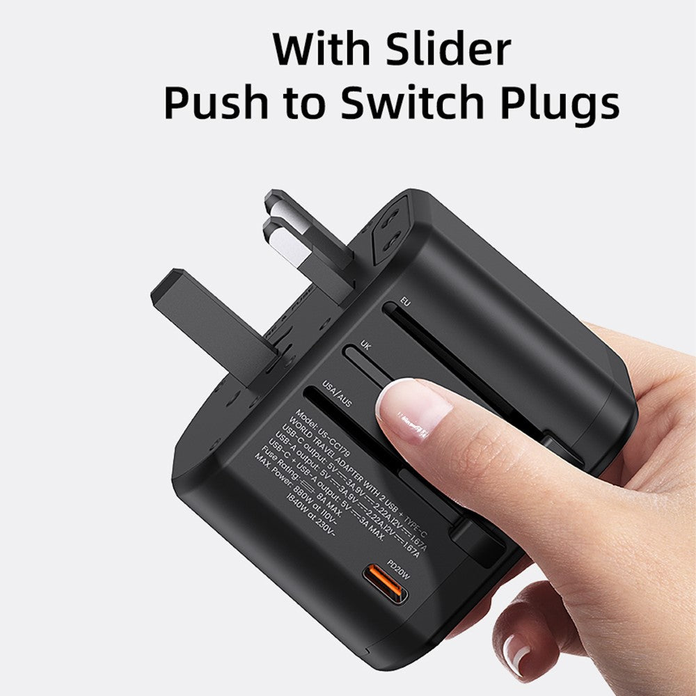USAMS US-CC179 T59 Dual USB + Type-C PD 20W Fast Charging PC Power Adapter Global Travel Socket Converter