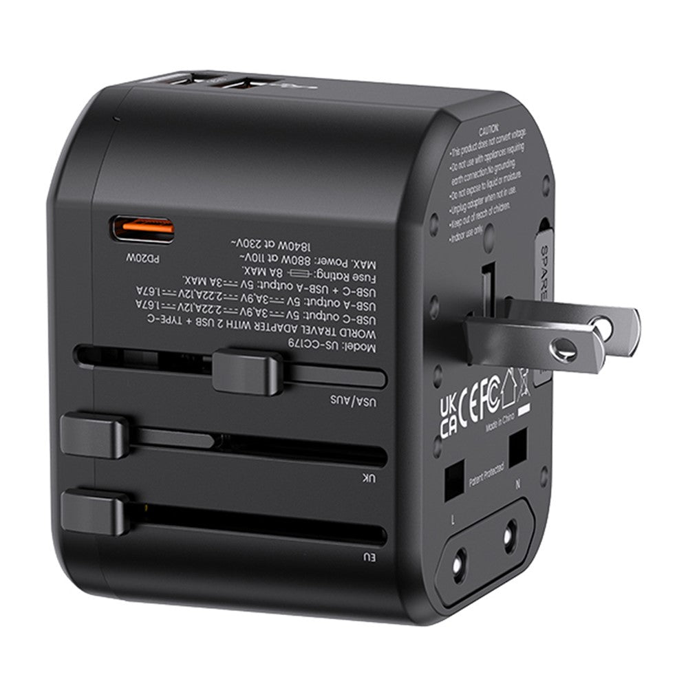 USAMS US-CC179 T59 Dual USB + Type-C PD 20W Fast Charging PC Power Adapter Global Travel Socket Converter