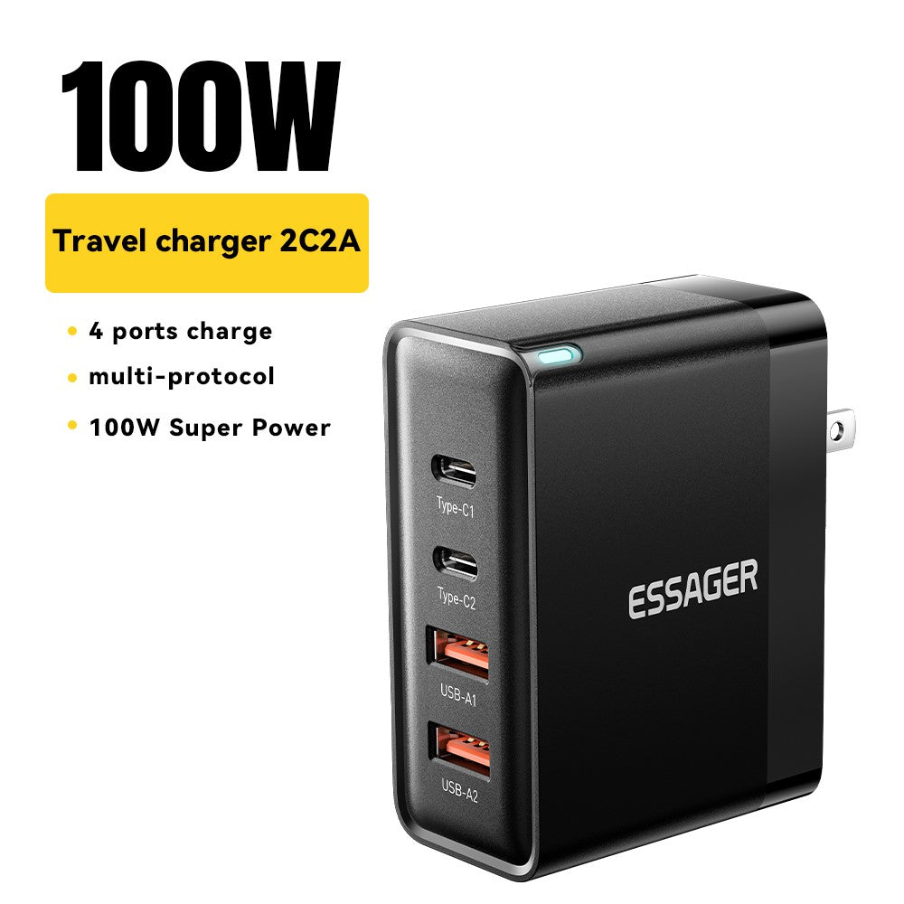 ESSAGER ES-CD37 100W Quick Charger Adapter 2 USB-C + 2 USB-A Multi-Port Charging Station