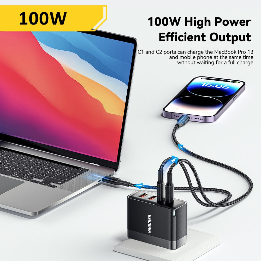 ESSAGER ES-CD37 100W Quick Charger Adapter 2 USB-C + 2 USB-A Multi-Port Charging Station