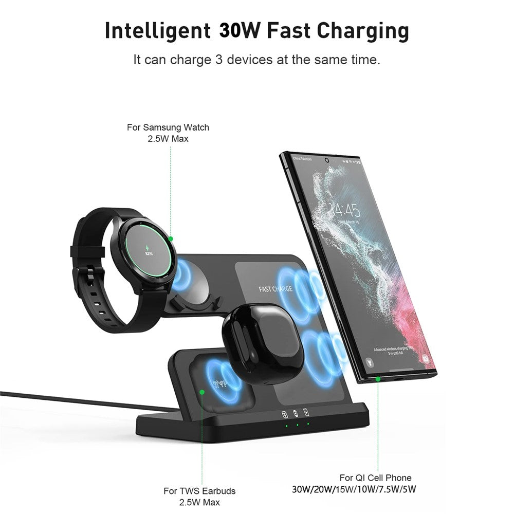 GY-Q10B 3 in 1 Fast Charger Pad Wireless Charging Station for Qi Standard Phone / Samsung Galaxy Watch / Earphone