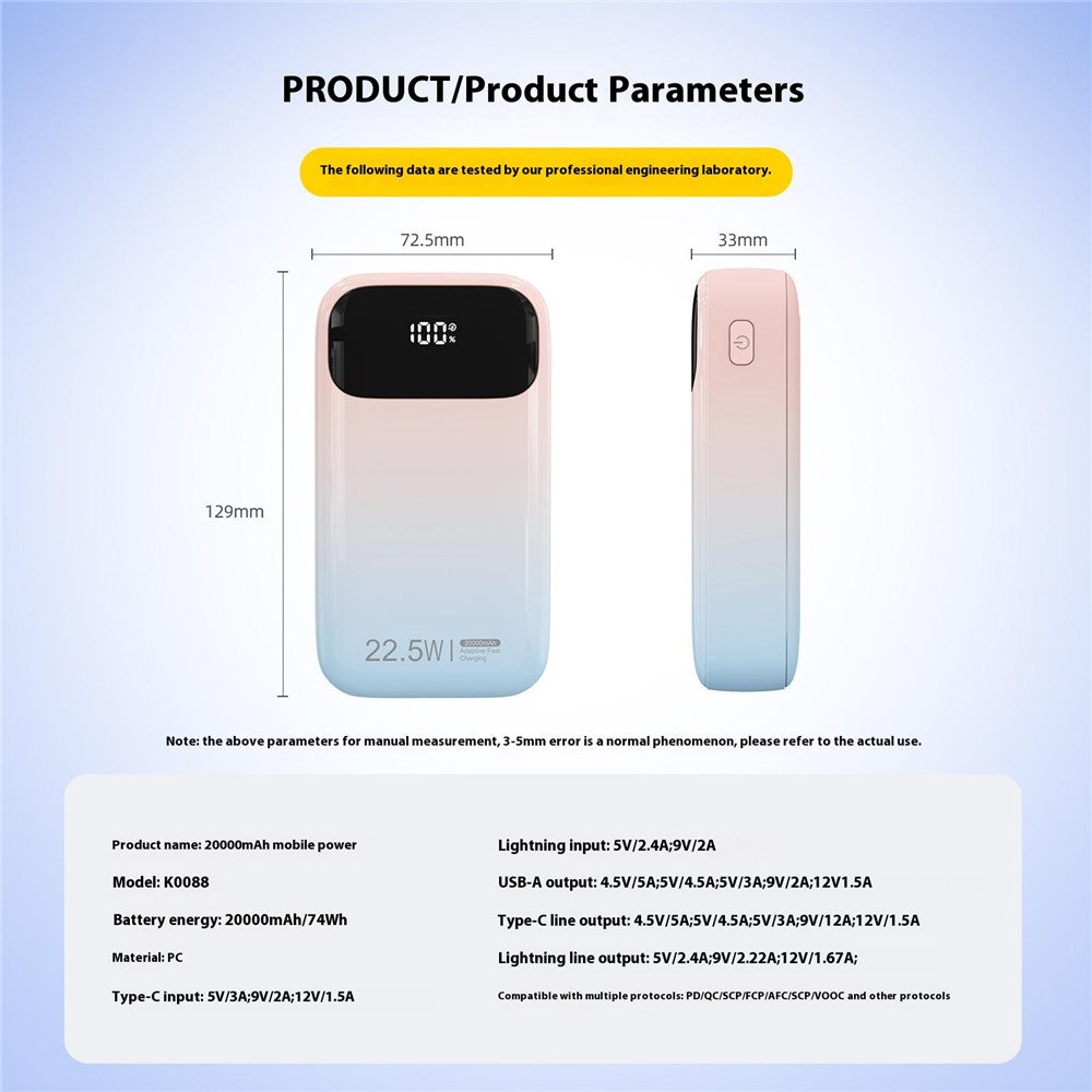 K0088A 20000mAh Power Bank 22.5W Fast Charging Portable Charger with Type-C / iP Cable for Mobile Devices