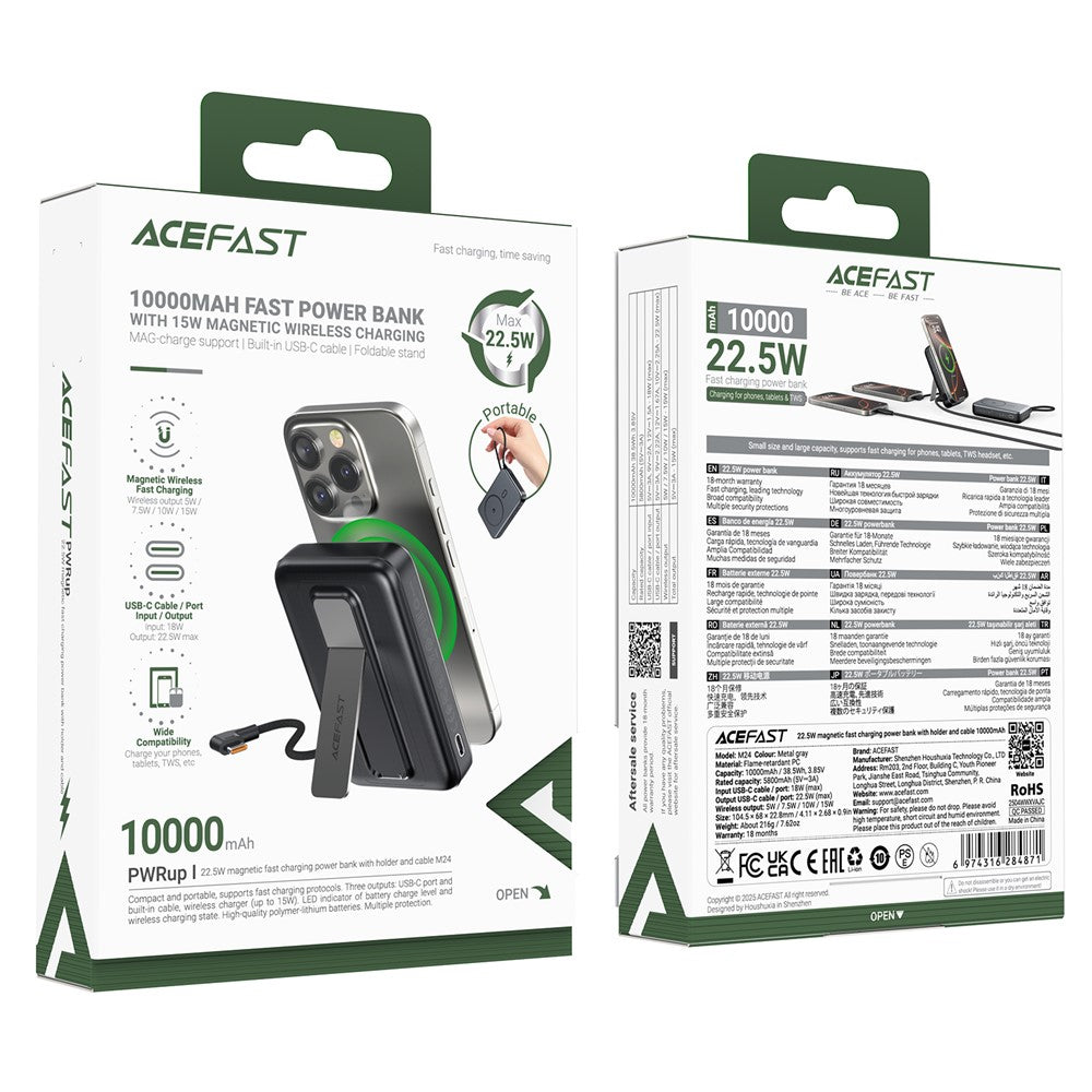 ACEFAST M24 22.5W Magnetic Fast Charging Power Bank with Built-In Stand  /  Cable 10000mAh