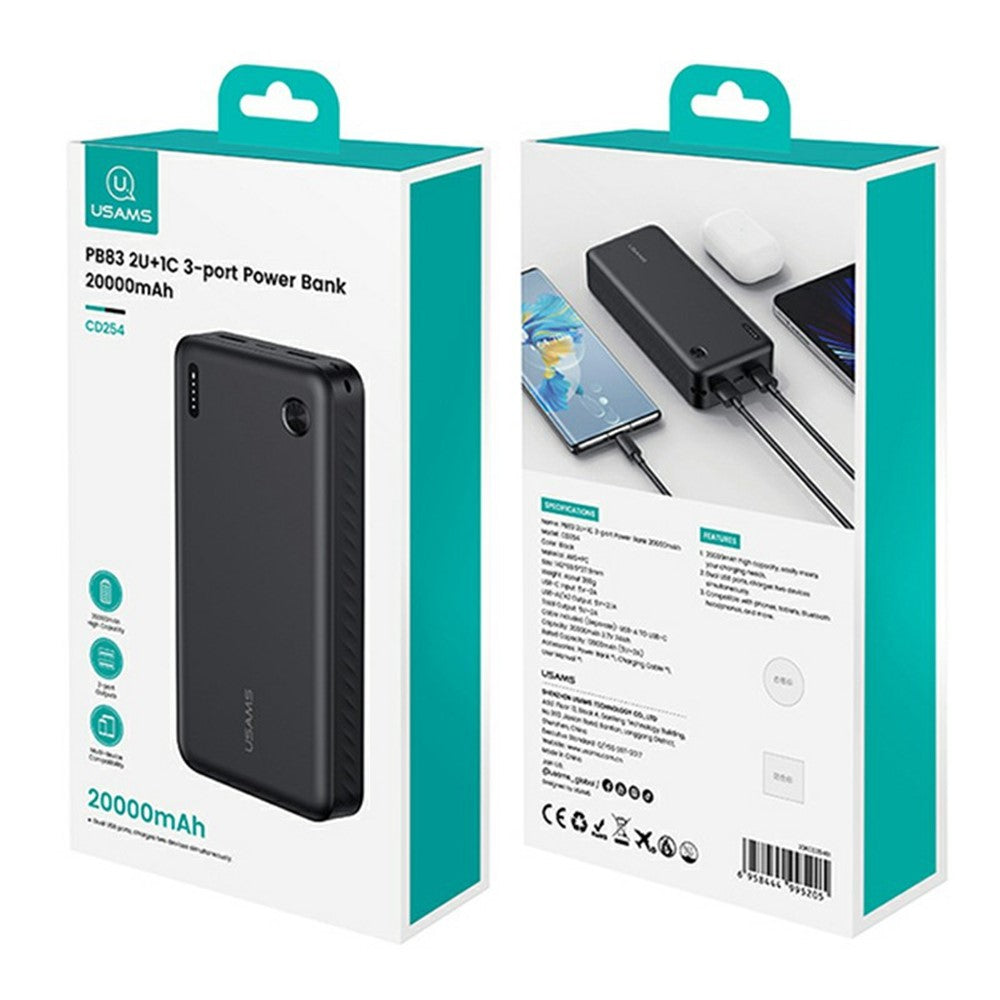 USAMS PB83 CD254 20000mAh Power Bank with 2 USB Outputs Portable Charger for Android iPhone
