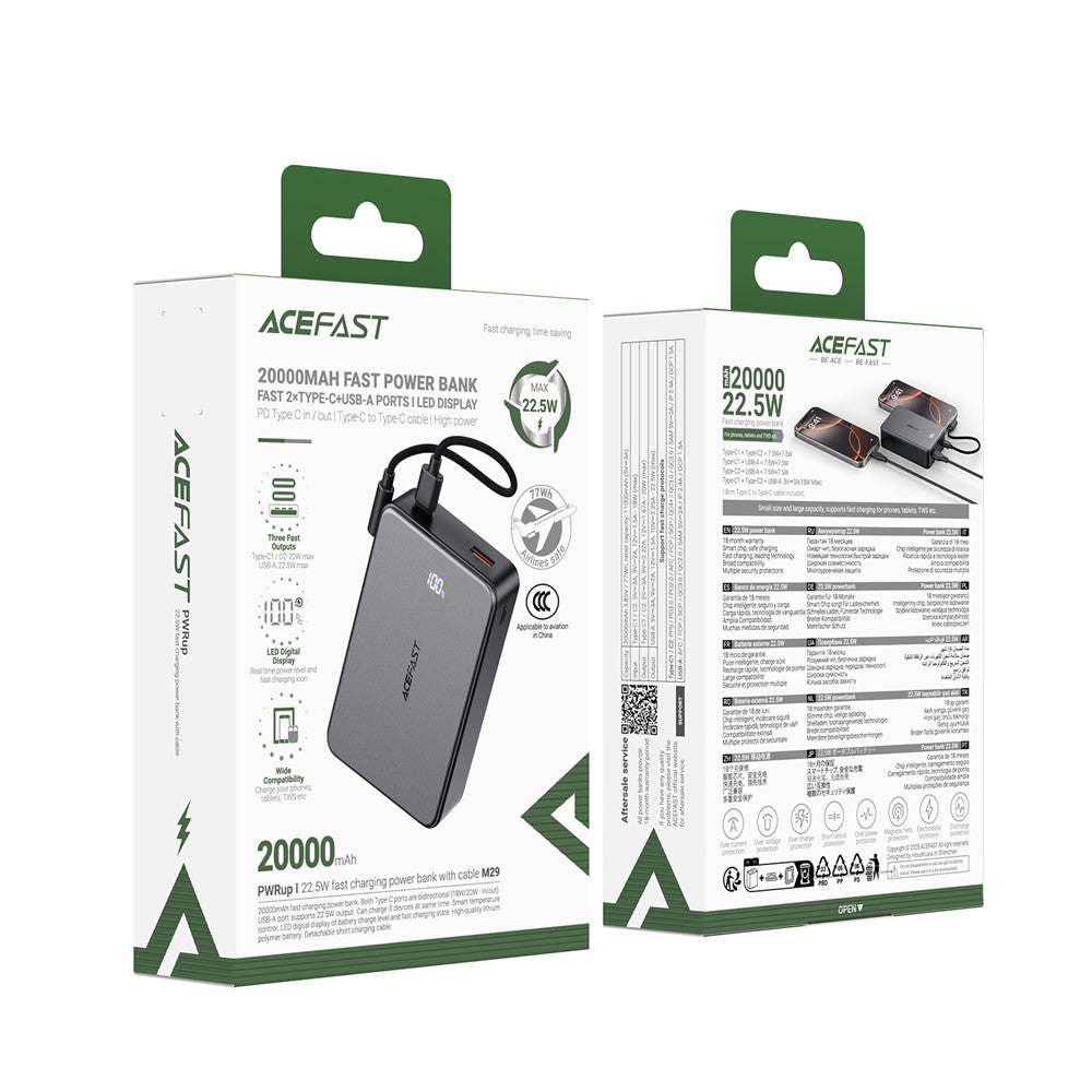 ACEFAST M29-20000 20000mAh Power Bank 22.5W Fast Charging 2 Type-C + USB-A Phone Charger with Cable