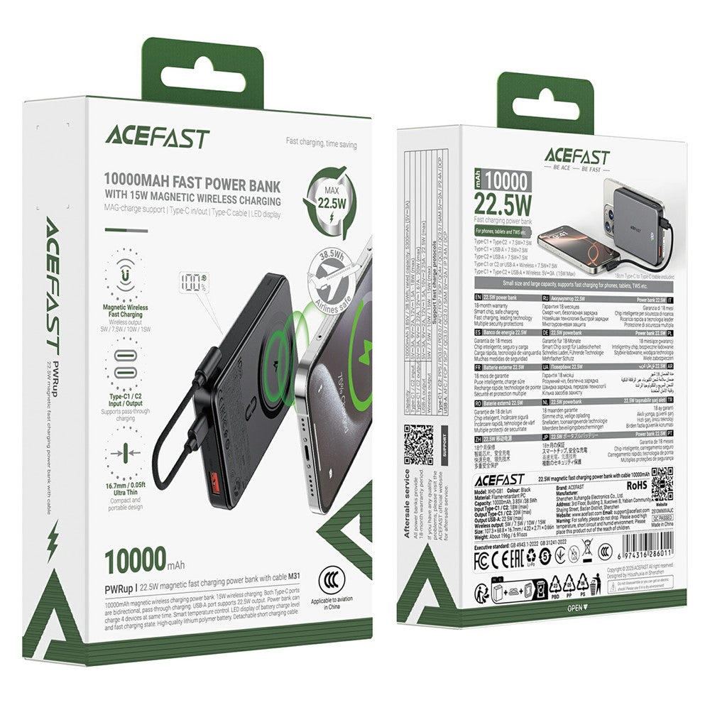 ACEFAST M31-10000 22.5W Magnetic Fast Charging Power Bank with Cable 10000mAh Portable Phone Charger