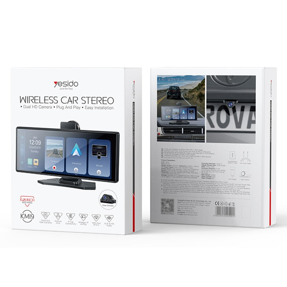 YESIDO KM19 Bluetooth-compatible Car Stereo Carplay 10.26 inch Touch Screen Car Driving Recorder with Rear Camera and 32G TF Card