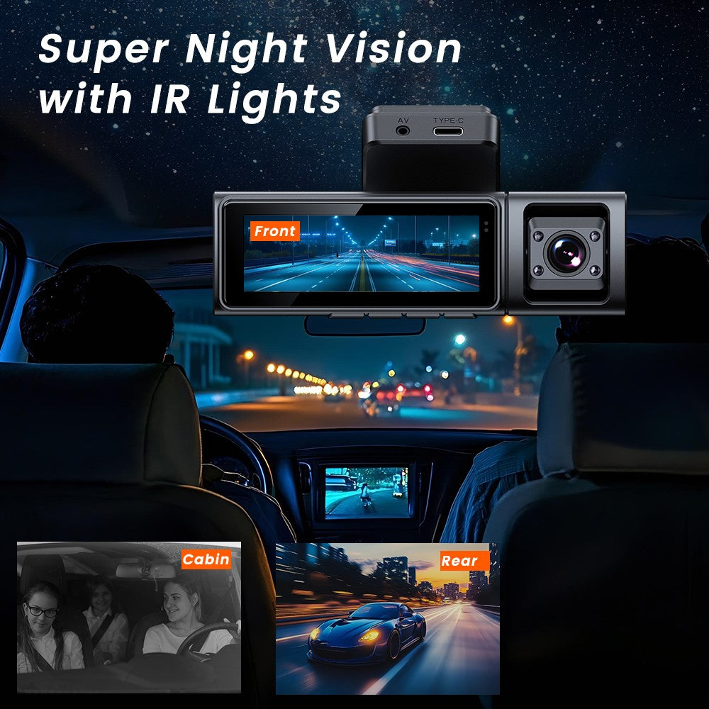 F9 3 Channels Dash Cam GPS 4K Front + 1080P Inside and Rear Night Vision Car Camera Support WiFi App Control