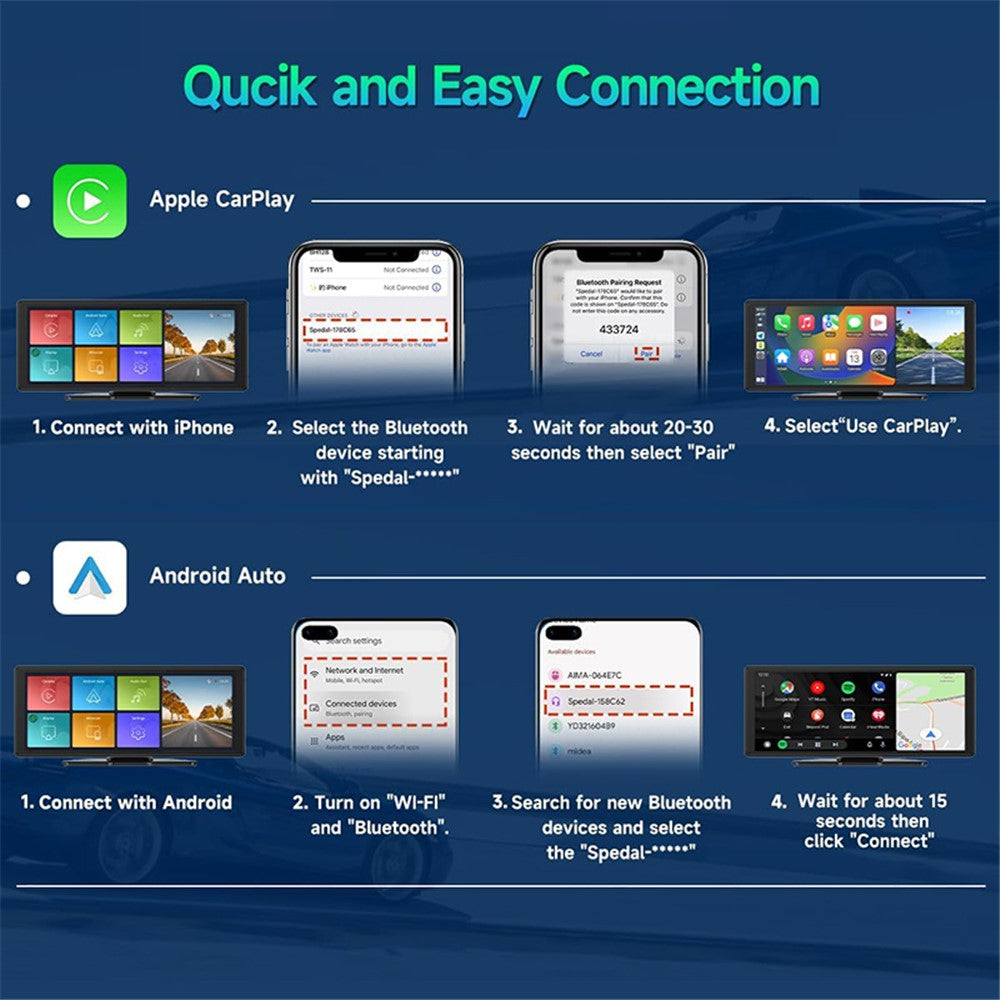 W514A 10.26 Inch Portable CarPlay Screen 1080P Dual Recording AHD Camera Car Dash Cam Reverse Backup Camera System