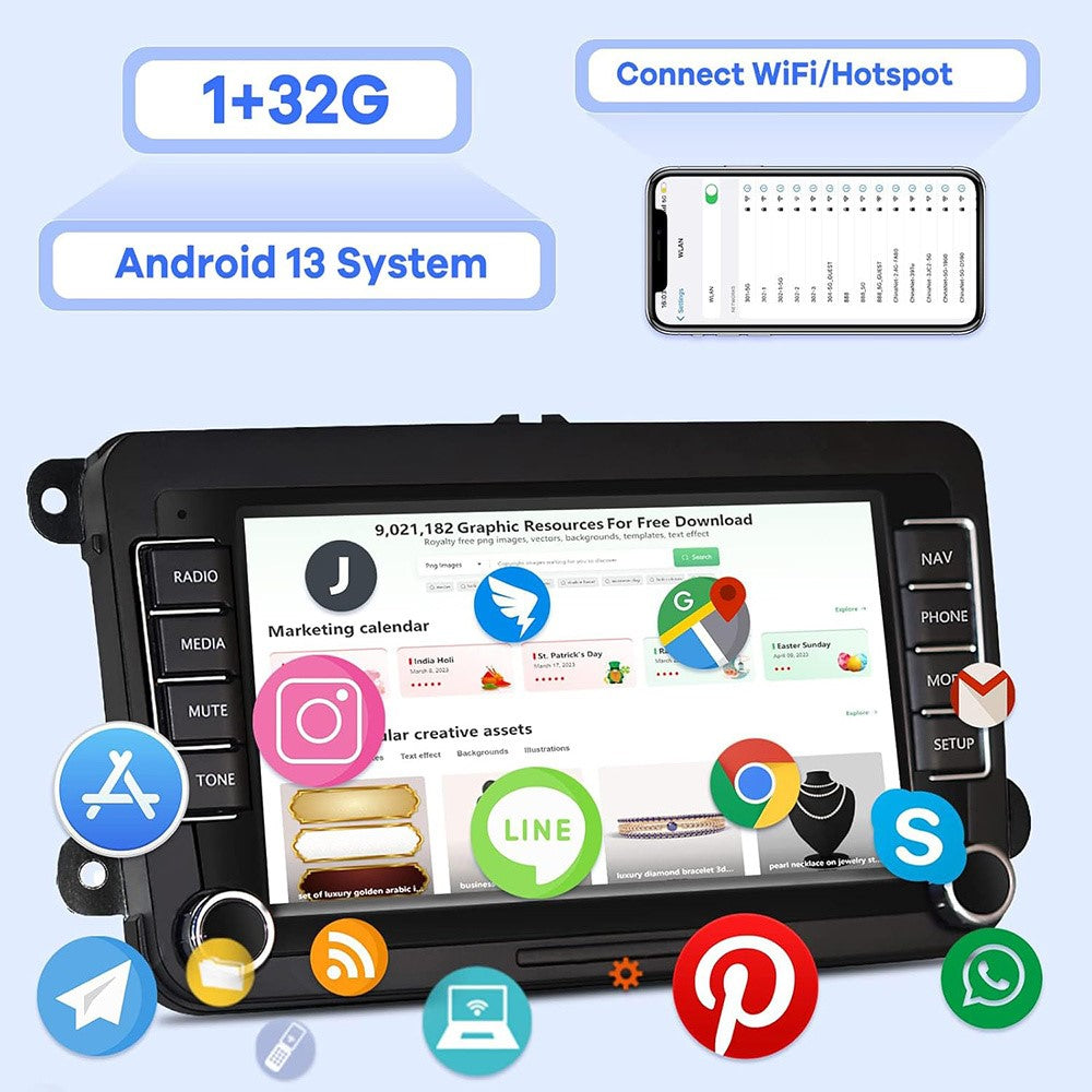 RH5013C 7 Inch Touch Screen Android 13 Car Stereo Radio Android Auto CarPlay Multimedia Player, 2+32GB