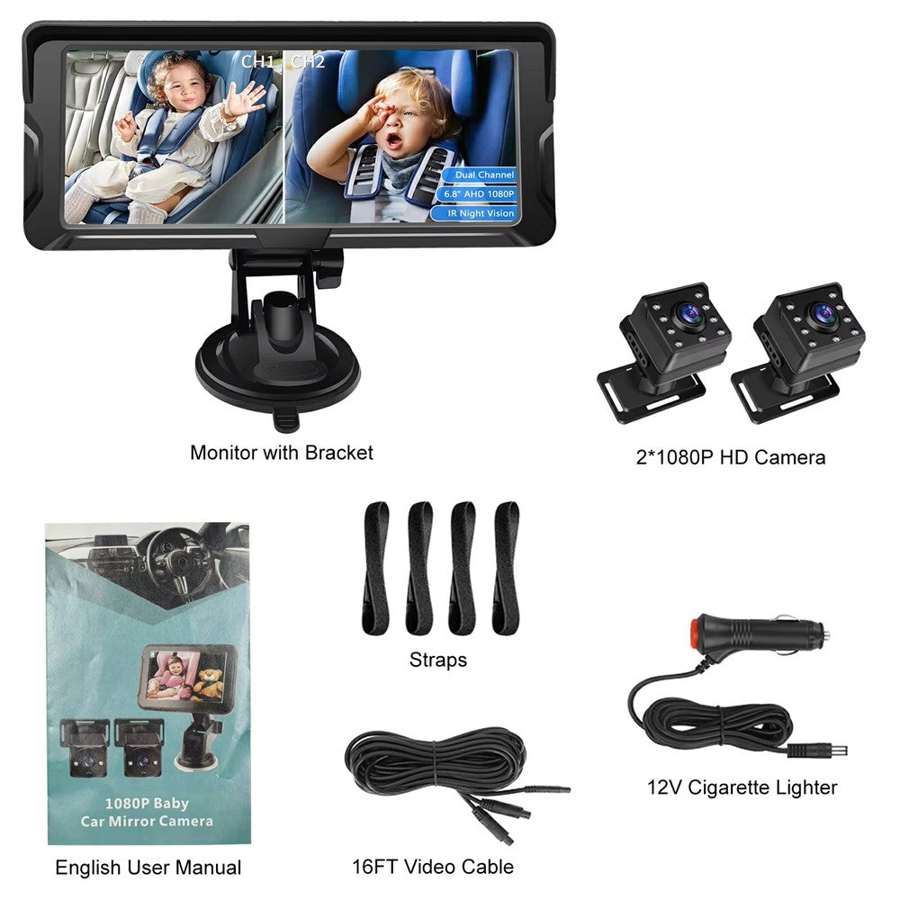 6.8 Inch Car Baby Monitor 360 Degree Rotation Dual Camera 8 LEDs Full Color HD Infrared Night Vision Cam