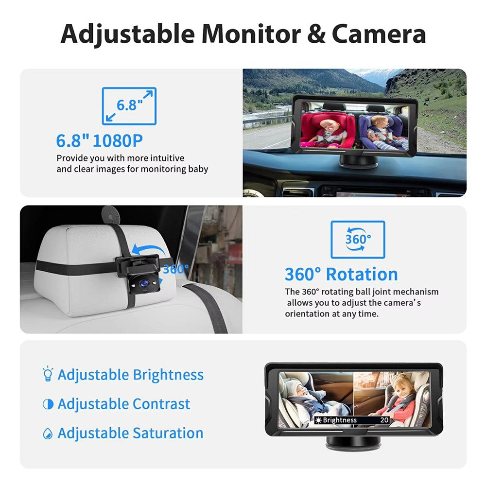 6.8 Inch Car Baby Monitor 360 Degree Rotation Dual Camera 8 LEDs Full Color HD Infrared Night Vision Cam