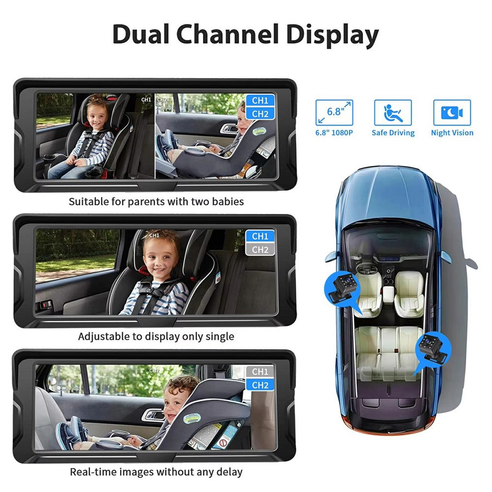 6.8 Inch Car Baby Monitor 360 Degree Rotation Dual Camera 8 LEDs Full Color HD Infrared Night Vision Cam