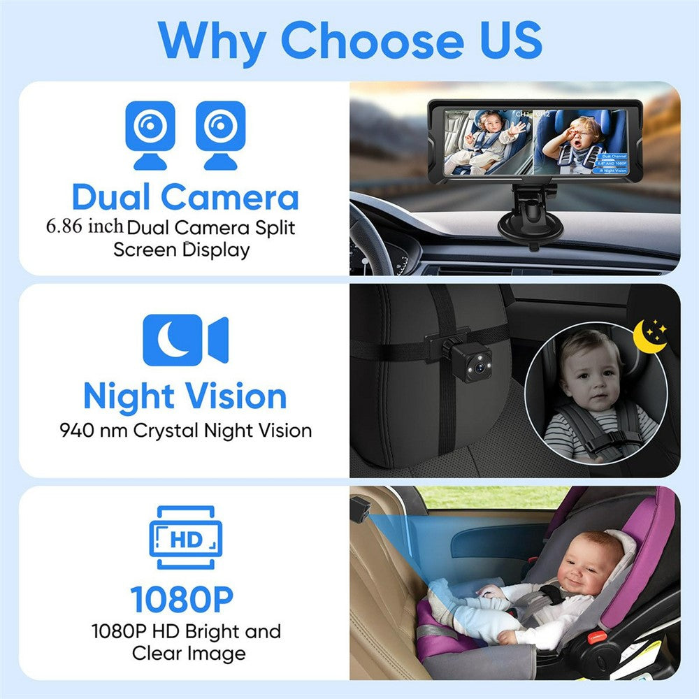 6.8 Inch Car Baby Monitor 360 Degree Rotation Dual Camera 8 LEDs Full Color HD Infrared Night Vision Cam