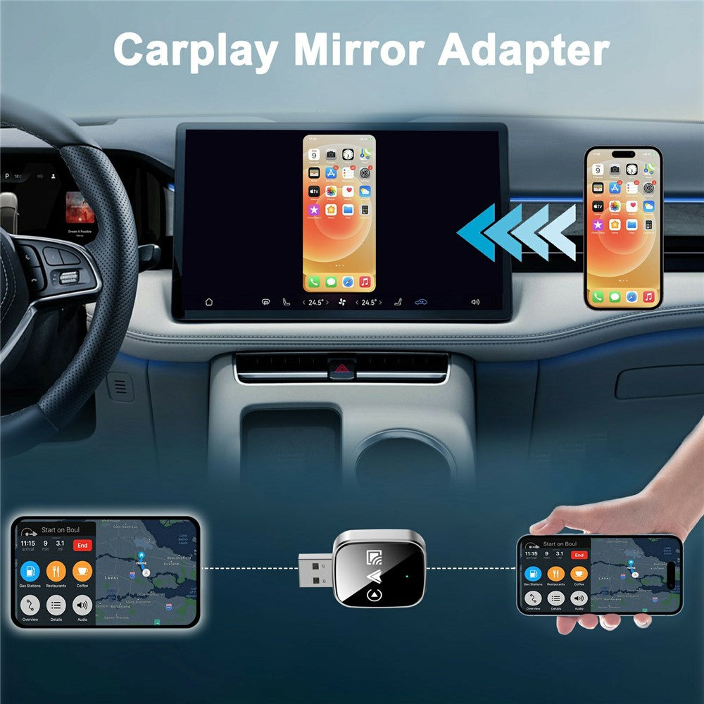 TYS-4222M 3 in 1 Mirror Wireless Car Play Adapter for Car Play / Android Auto Vehicles Wired to Wireless Converter Support Airplay