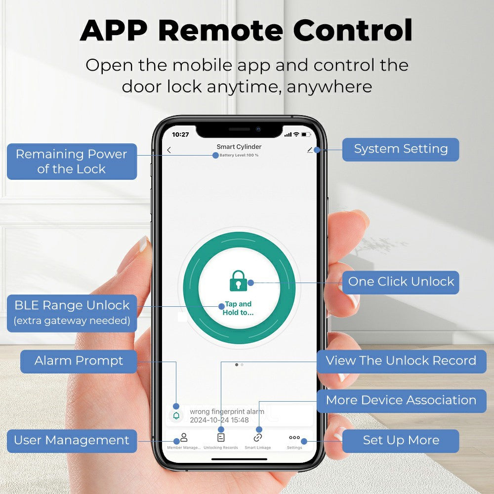 MS001-B-BLU APP Control Smart Door Lock Bluetooth-compatible Fingerprint Lock Cylinder Password Card Unlock