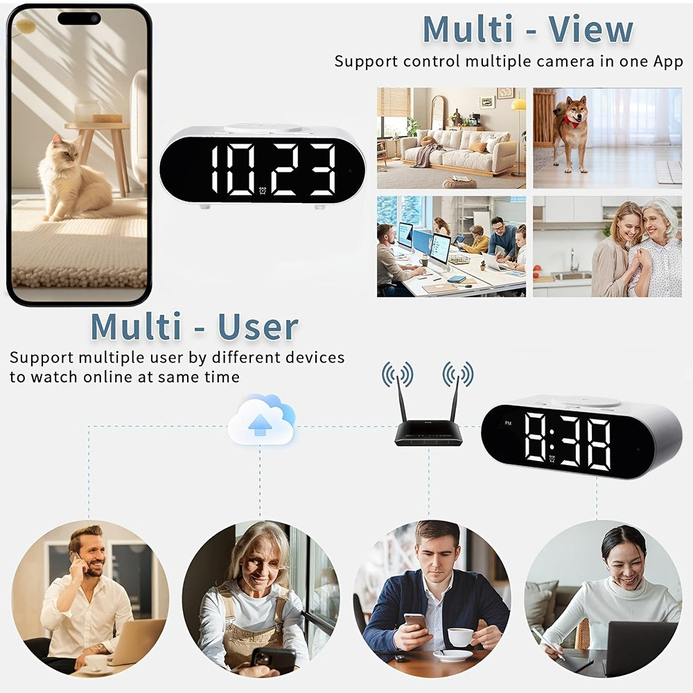 4K Hidden Camera Wireless WiFi Security Alarm Camera Base Phone Charger with Clock Function