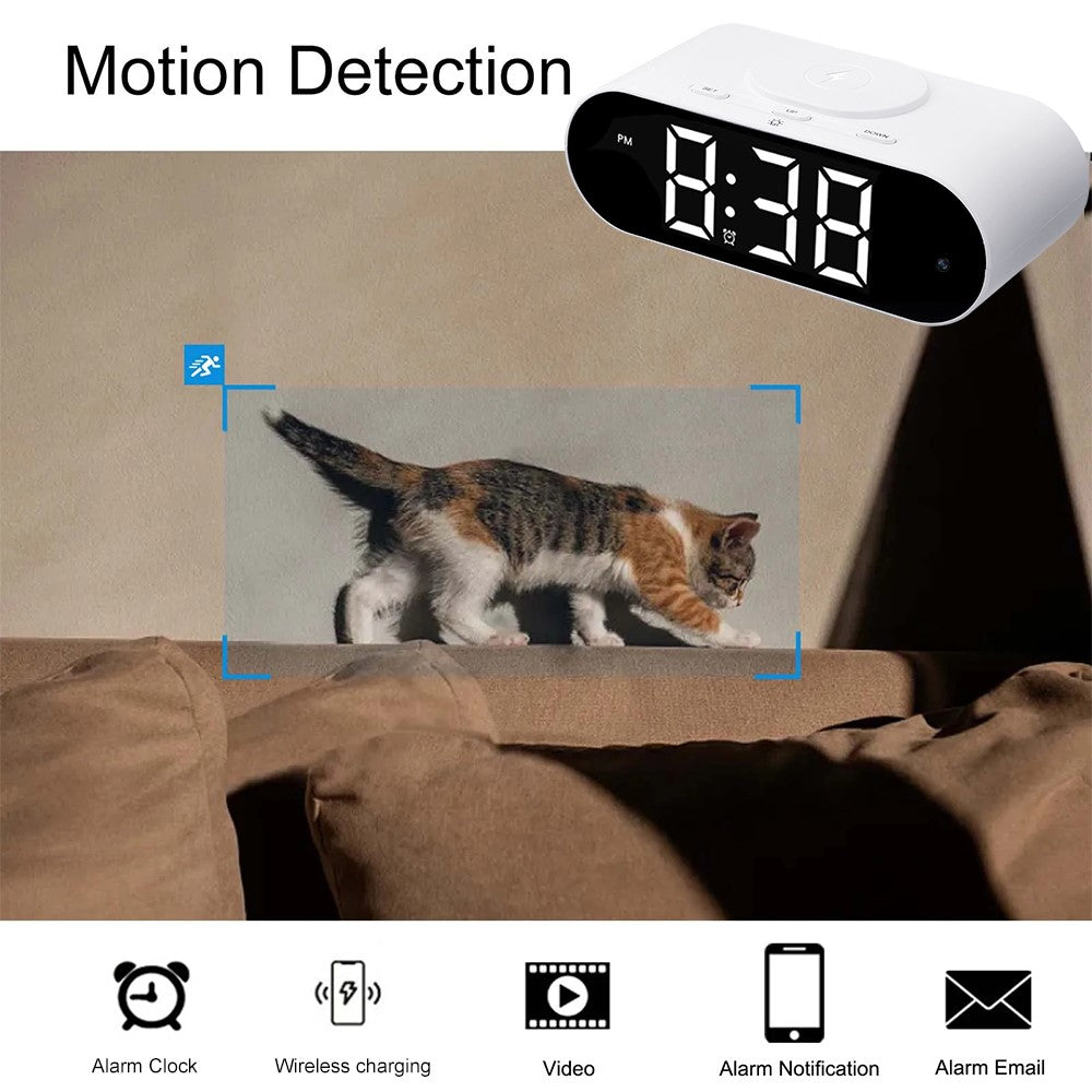 4K Hidden Camera Wireless WiFi Security Alarm Camera Base Phone Charger with Clock Function