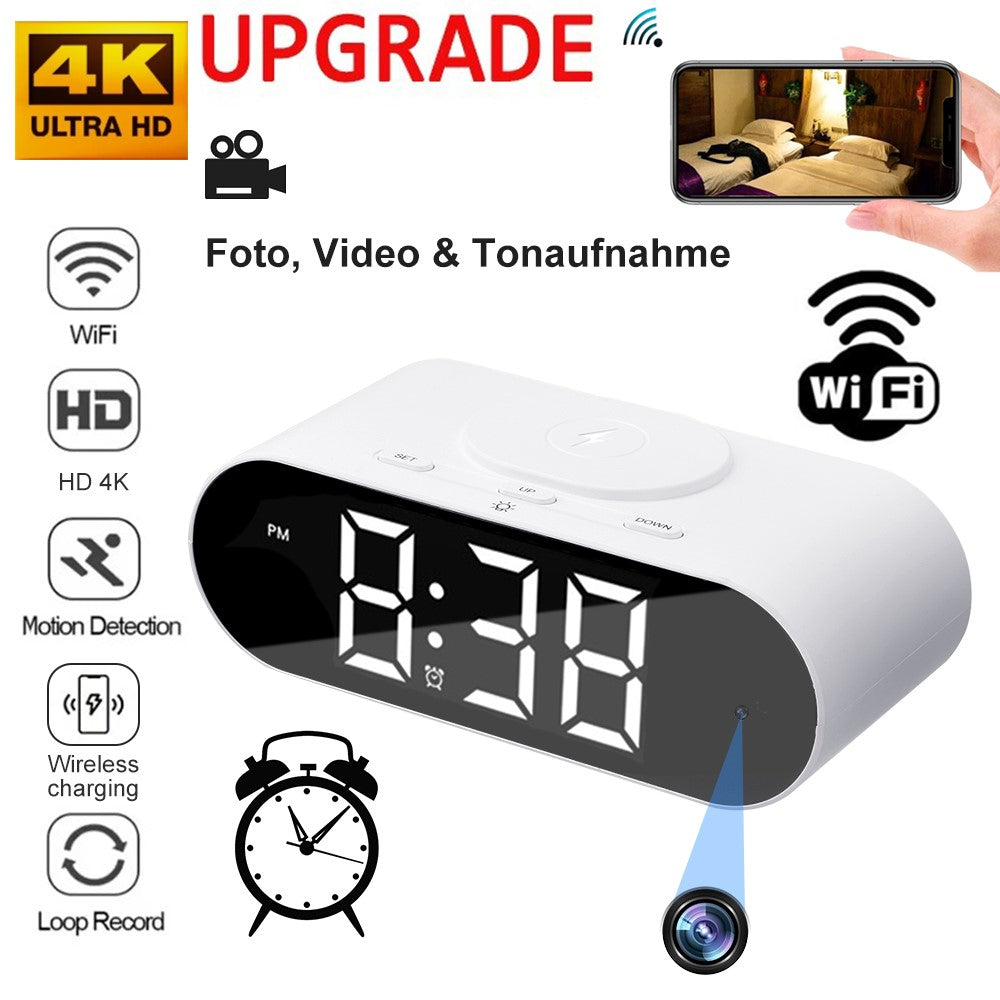 4K Hidden Camera Wireless WiFi Security Alarm Camera Base Phone Charger with Clock Function