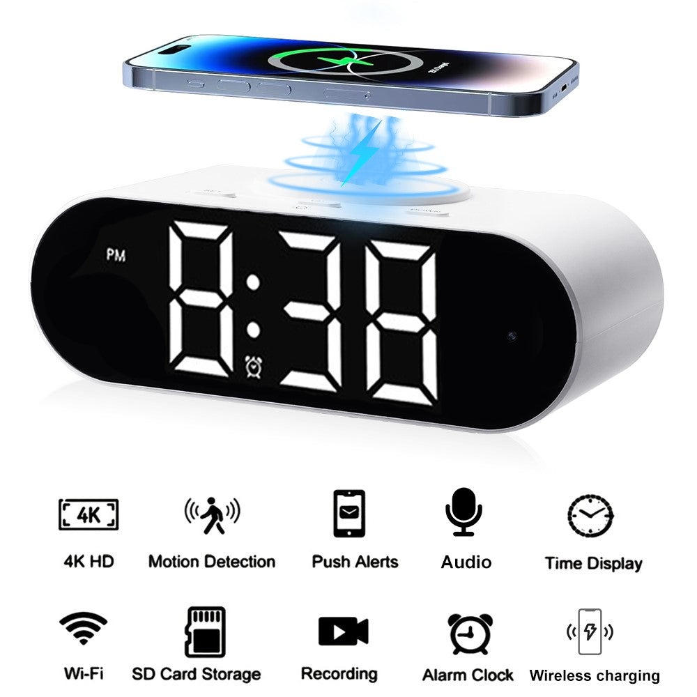4K Hidden Camera Wireless WiFi Security Alarm Camera Base Phone Charger with Clock Function
