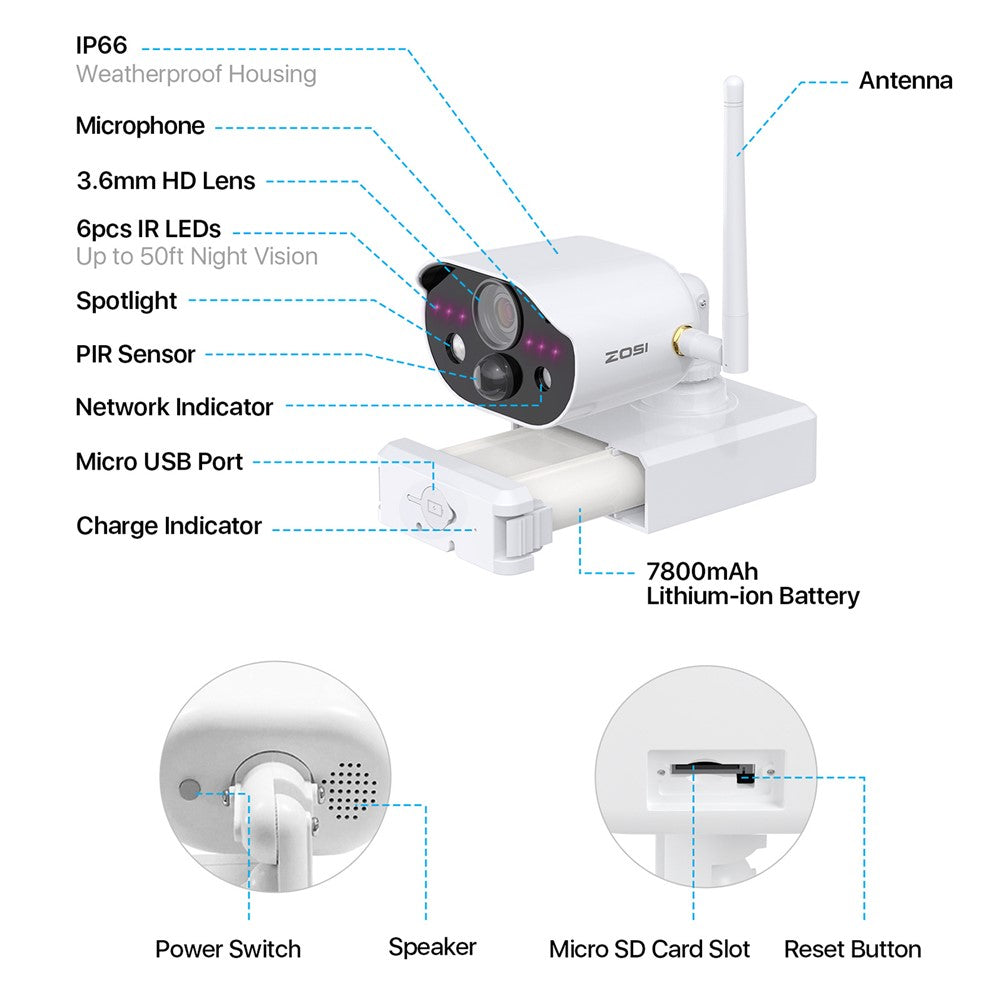 ZOSI 2K Wireless Security Camera 3MP Color Night Vision Two Way Audio Camera, with 64GB SD Card