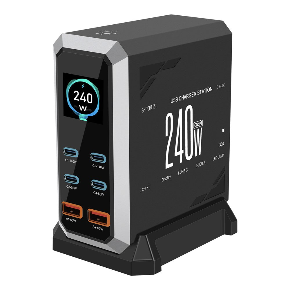 HHW 240W GaN USB-C 6-Port Charger Station PD Power Adapter with Color Display for Phone / Laptop / Earphones