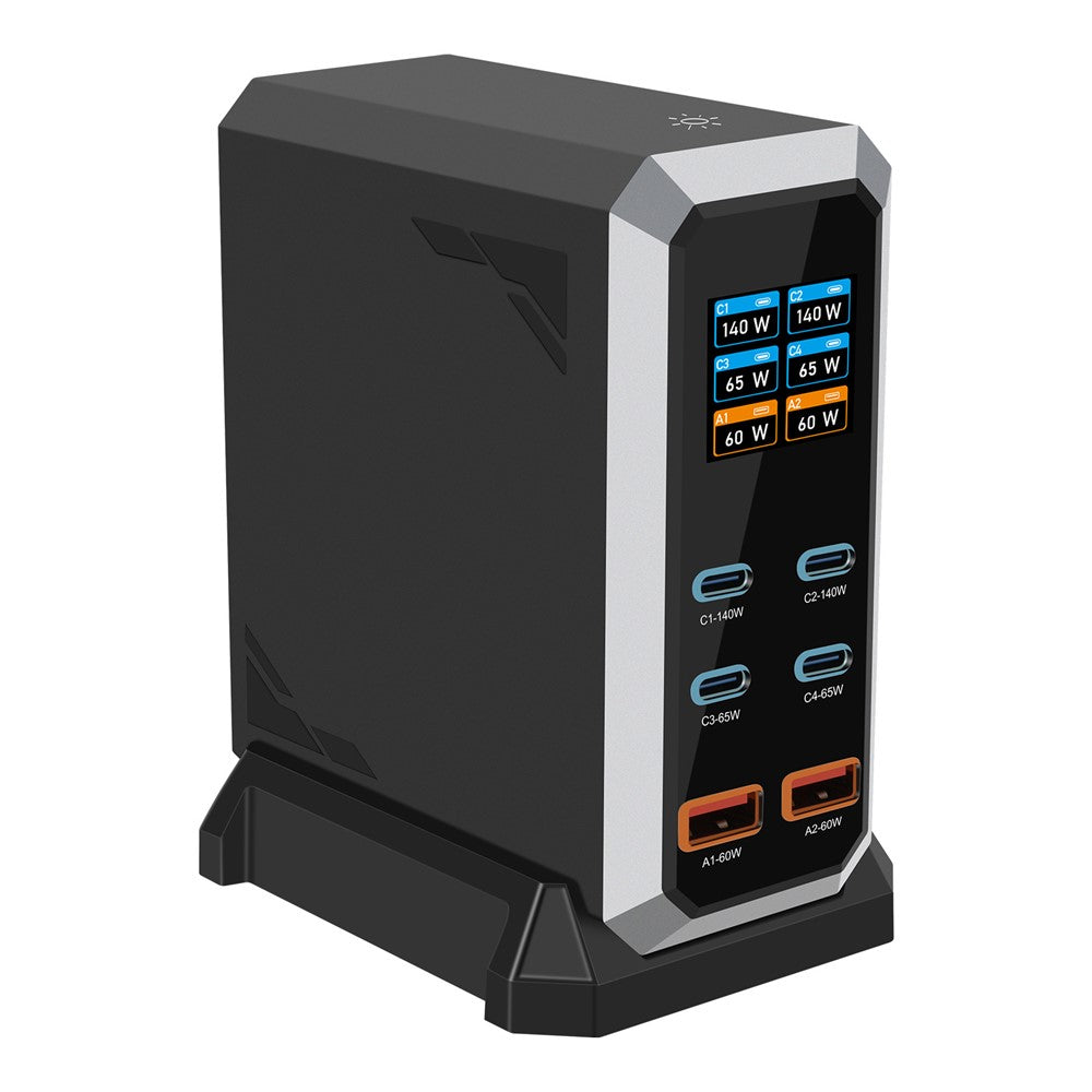 HHW 240W GaN USB-C 6-Port Charger Station PD Power Adapter with Color Display for Phone / Laptop / Earphones