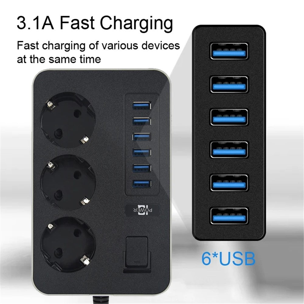EU Plug 3000W High Power Strip 2m Extension Cable 3 AC Outlets with 6 USB Output Port (CE Certified)