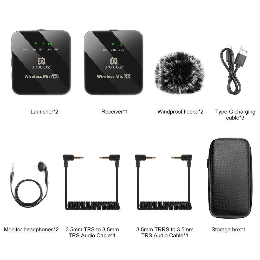 PULUZ PU3154B Real Time Monitoring Wireless Lavalier Microphone System for Vlog Live Streaming Interview, 2 Transmitter + 1 Receiver