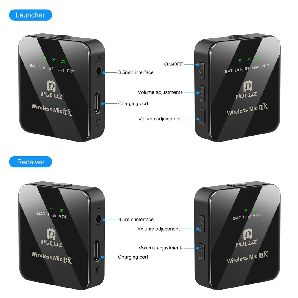 PULUZ PU3154B Real Time Monitoring Wireless Lavalier Microphone System for Vlog Live Streaming Interview, 2 Transmitter + 1 Receiver