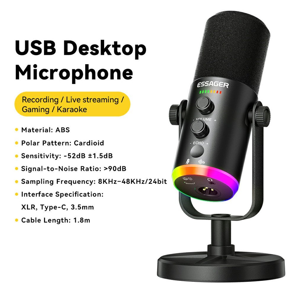 ESSAGER ABS Desktop Microphone with XLR  /  Type-C  /  3.5mm Interface and 1.8m Cable DSP Noise Reduction