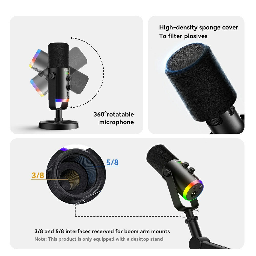 ESSAGER ABS Desktop Microphone with XLR  /  Type-C  /  3.5mm Interface and 1.8m Cable DSP Noise Reduction