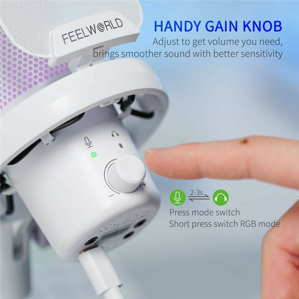 FEELWORLD VM1-AS-W USB Gaming Microphone Noise Reduction RGB Lighting Mic for Live Streaming