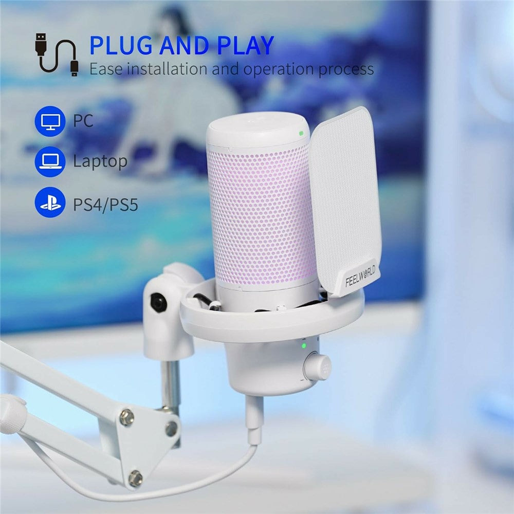 FEELWORLD VM1-AS-W USB Gaming Microphone Noise Reduction RGB Lighting Mic for Live Streaming