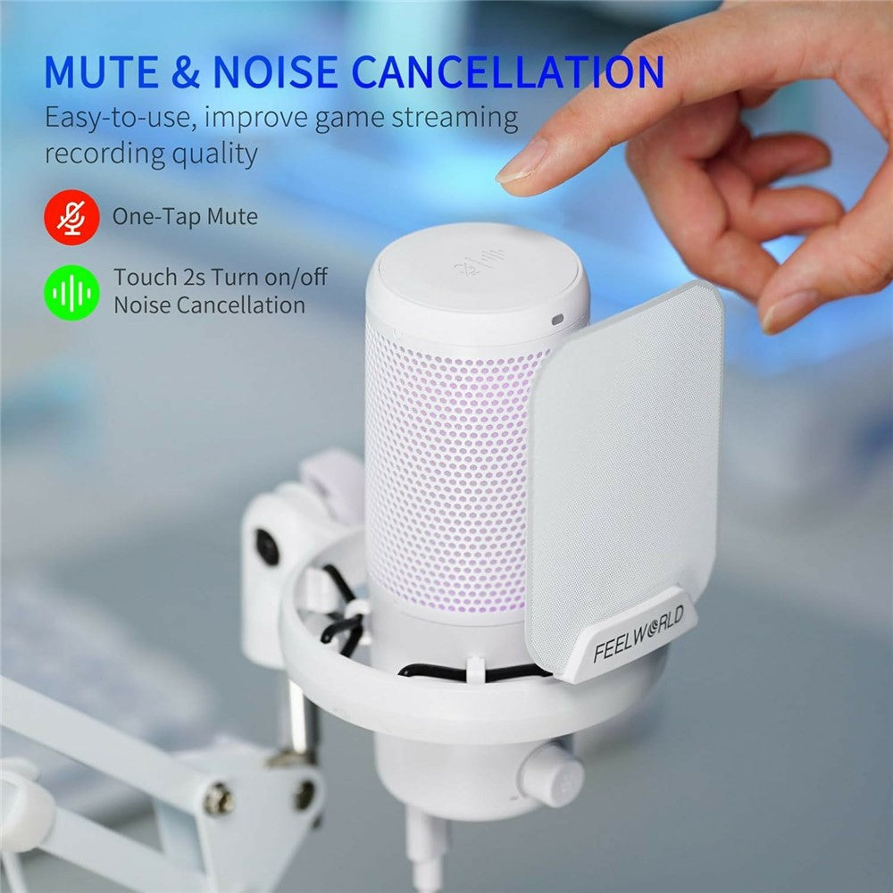 FEELWORLD VM1-AS-W USB Gaming Microphone Noise Reduction RGB Lighting Mic for Live Streaming