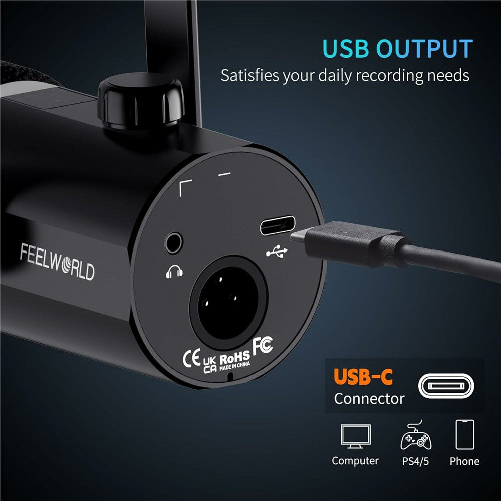 FEELWORLD PM1-XS Dynamic Microphone with Stand XLR  /  USB Dual Output Desktop Mic for Recording  /  Gaming  /  Streaming