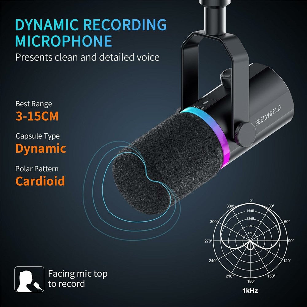 FEELWORLD PM1-XS Dynamic Microphone with Stand XLR  /  USB Dual Output Desktop Mic for Recording  /  Gaming  /  Streaming