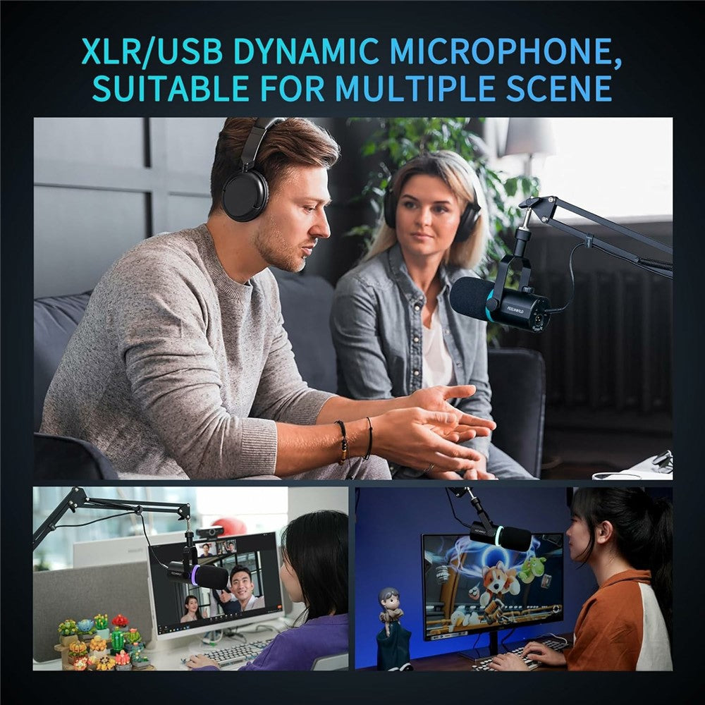 FEELWORLD PM1-XS Dynamic Microphone with Stand XLR  /  USB Dual Output Desktop Mic for Recording  /  Gaming  /  Streaming