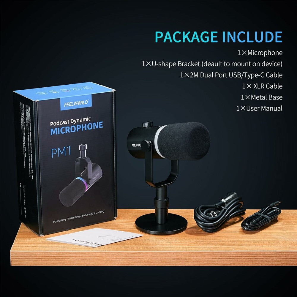 FEELWORLD PM1-XS Dynamic Microphone with Stand XLR  /  USB Dual Output Desktop Mic for Recording  /  Gaming  /  Streaming