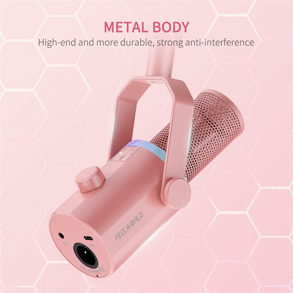 FEELWORLD PM1-XS-P RGB Lighting Dynamic Microphone XLR  /  USB Dual Output Desktop Mic with 3.5mm Headphone Jack