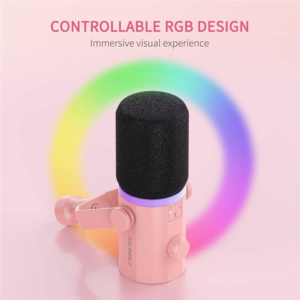 FEELWORLD PM1-XS-P RGB Lighting Dynamic Microphone XLR  /  USB Dual Output Desktop Mic with 3.5mm Headphone Jack