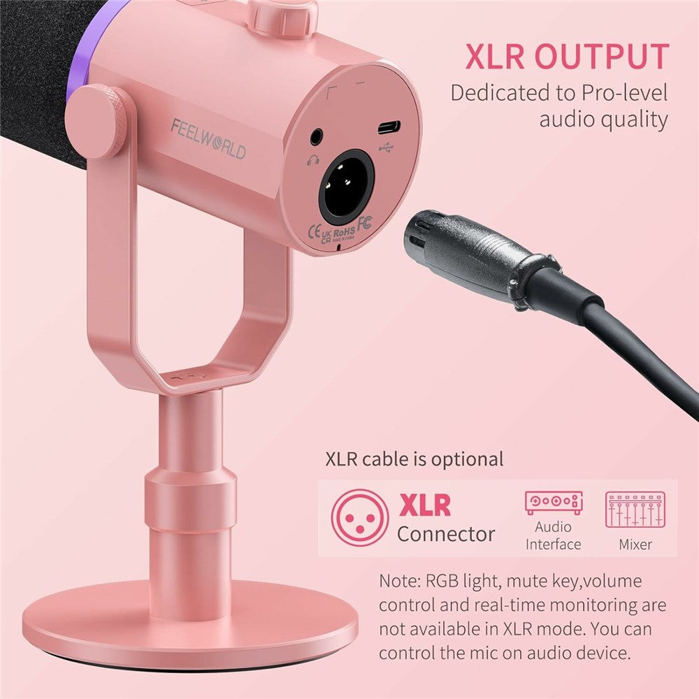 FEELWORLD PM1-XS-P RGB Lighting Dynamic Microphone XLR  /  USB Dual Output Desktop Mic with 3.5mm Headphone Jack